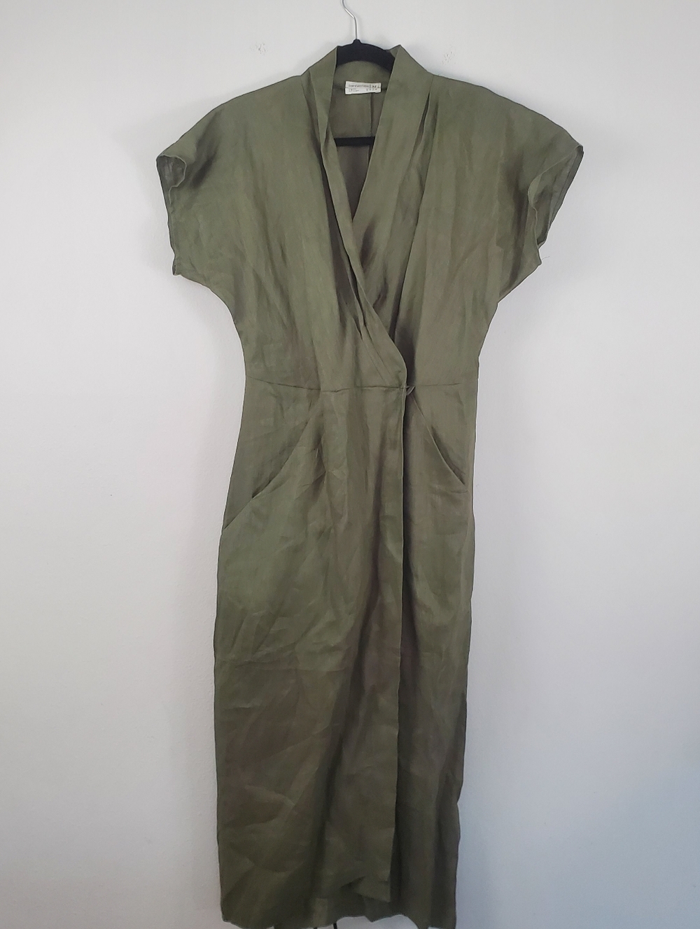 Linen Fairy Tales Linen Olive Green Wrap Linen Dress Womens Size Medium - Picture 8 of 9